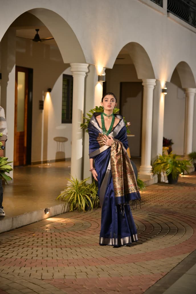 Madhubani Art Khadi Raw Silk Saree with Traditional Temple Zari Weaving and Lotus Print Blouse